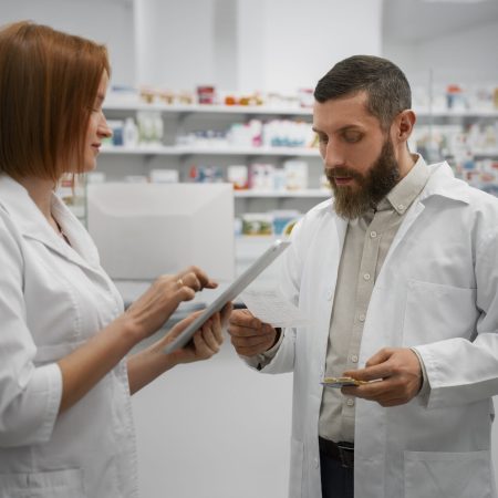 female-pharmacist-training-male-coworker-with-tablet-pharmacy